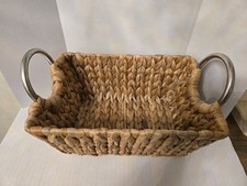 Rectangular Woven Basket With Round Metal Handles Made From Water Hyacinth