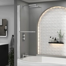 P Shaped Shower Bath Screen Matt Black with Towel Rail - 6mm Glass