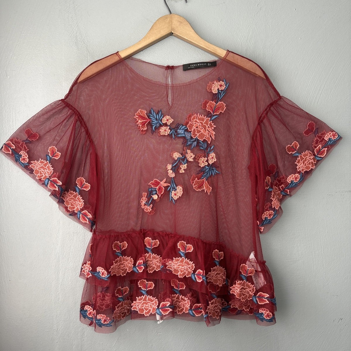 Zara Woman Mesh Top Size Small Red Sheer Floral Embroidered Peplum
