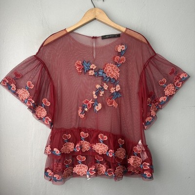 Zara Woman Mesh Top Size Small Red Sheer Floral Embroidered Peplum