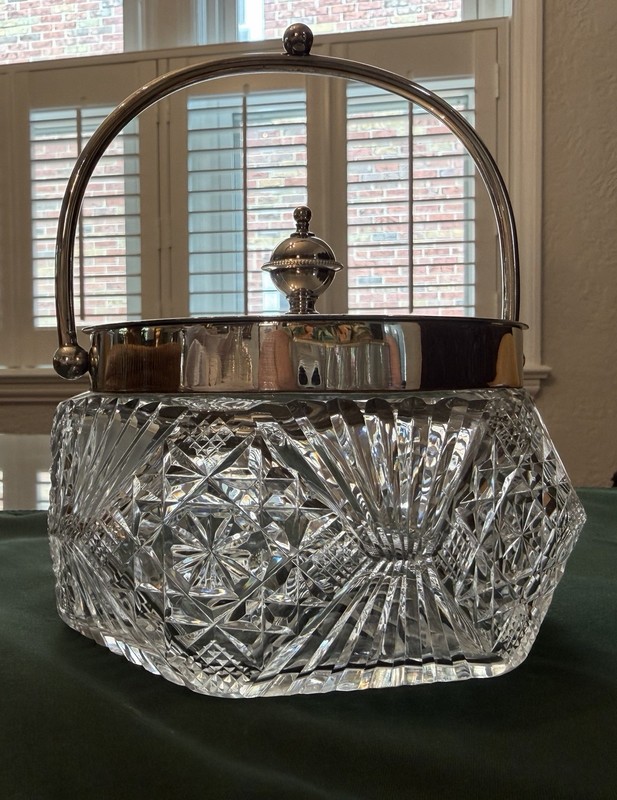 ENGLISH VICTORIAN CUT GLASS & SILVERPLATE BISCUIT JAR W/LID - Late 19th Century