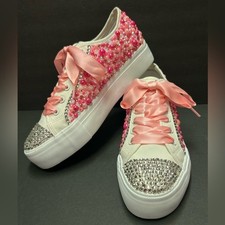 Prom Sneakers Bling Pink White Embellished Wedding Casual Women Size 9