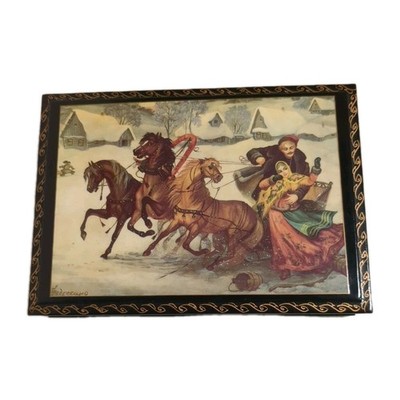Hand Painted Russian Fedoskino Style ''Troika'' Winter Scene Lacquer Trinket Box
