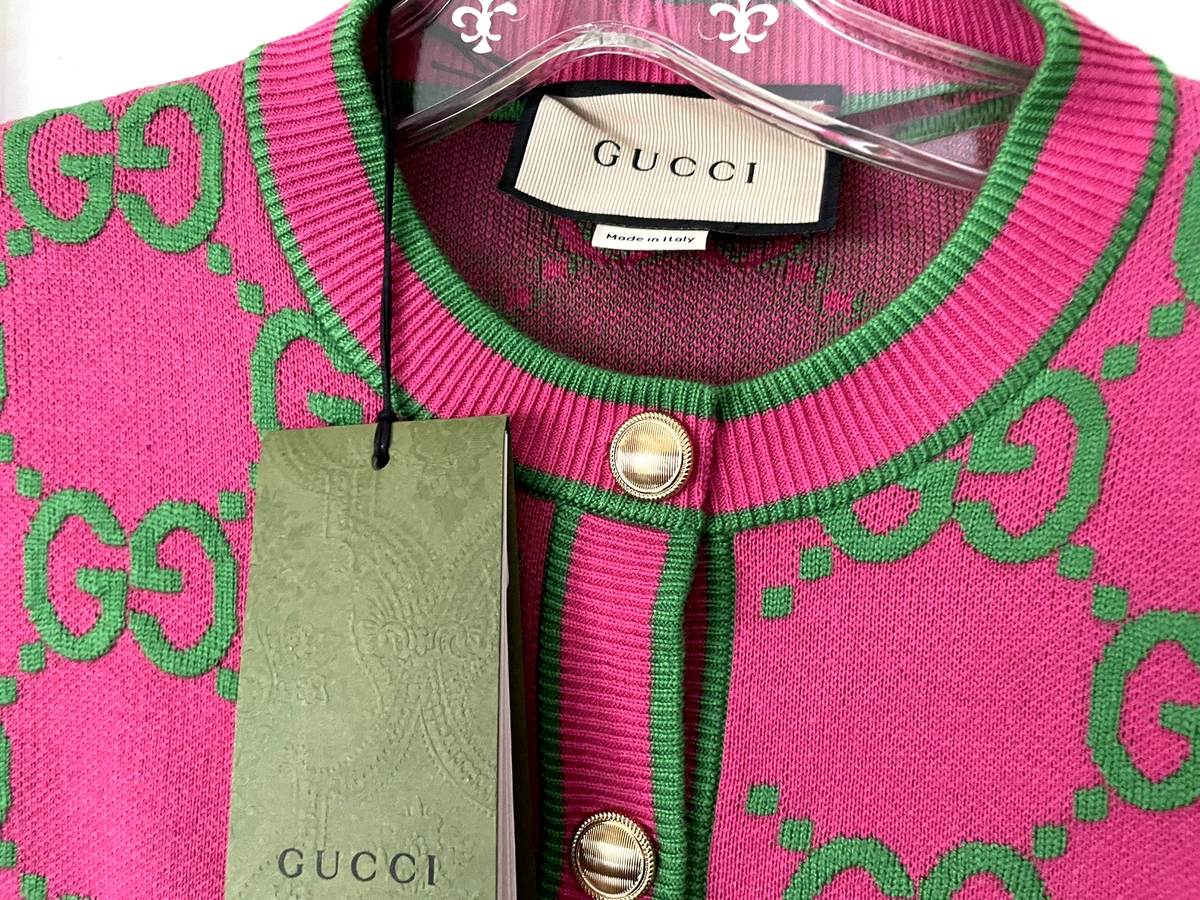 NWT GUCCI PINK GREEN GG JACQUARD KNIT SUIT/ JACKET&SKIRT MONOGRAM