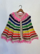 Vintage 1970s Boho Rainbow Poncho Cape Fringe Button Small Medium