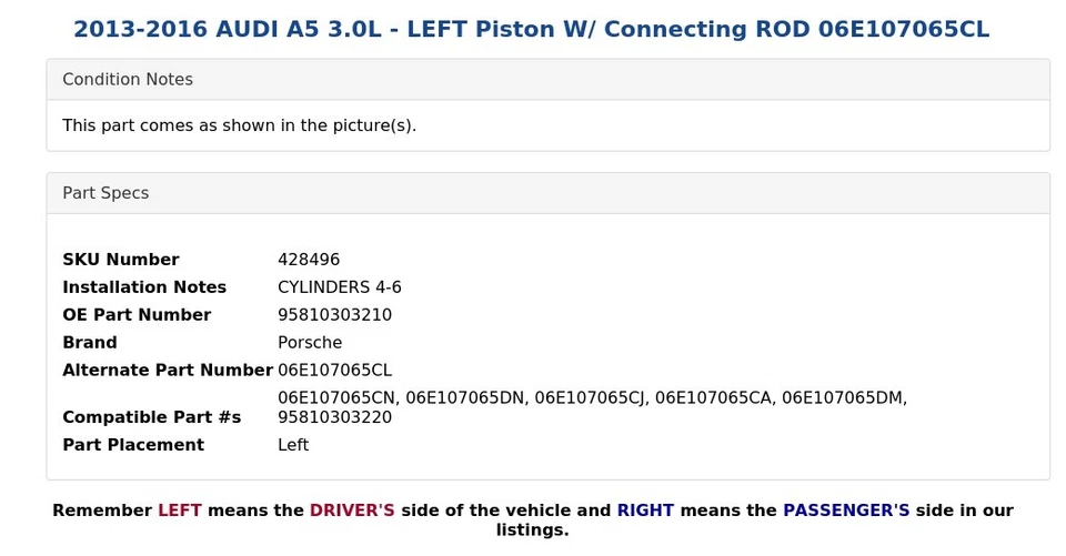 2013-2016 AUDI A5 3.0L - LEFT Piston W/ Connecting ROD 06E107065CL - Image 3 of 4