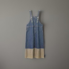 Vintage Double Denim Look Distressed Pinafore Dungaree Midi Dress With Pockets M