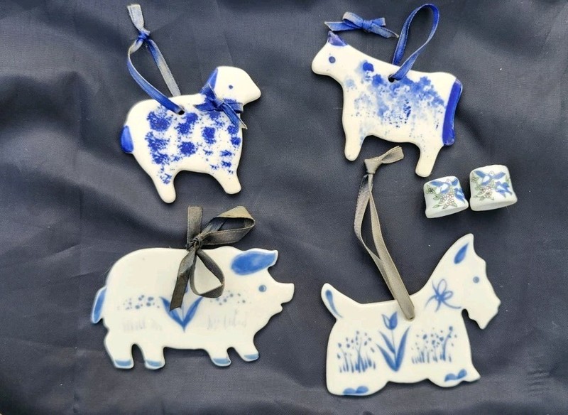 Blue+White Pottery Animal Ornaments+Thimbles/Lot Of 6/by Midwest +Russ/*see Pics