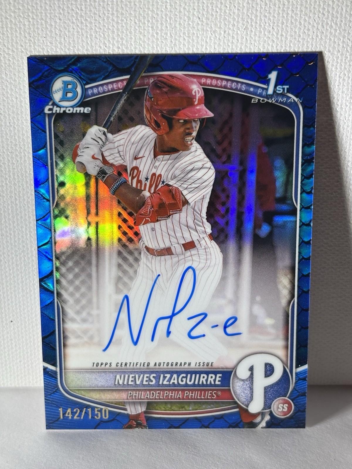 2025 Bowman Chrome Blue Reptilian Auto 142/150 Nieves Izaguirre #CPA-NI