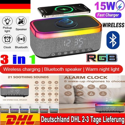 LED RGB Nachtlicht Bluetooth Lautsprecher 15W Wireless Ladegerät Lampe Wecker