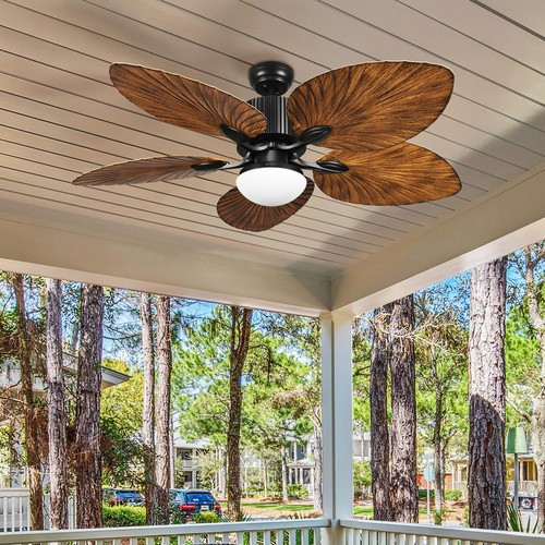 52" Tropical Palm Reversible Ceiling Fan with LED Light and Remote Control Black - Picture 1 of 14