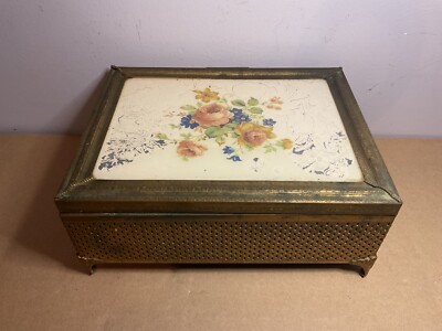 Vtg TRINKET Jewelry Vanity BOX Flowers Metal Basket Weave French Louis 