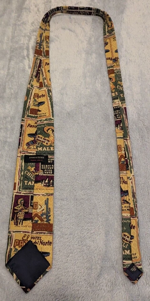Corbata Estructura Estampado Español EE. UU. 100% Seda Italiana Vintage México Anuncios Foto 2 de 4