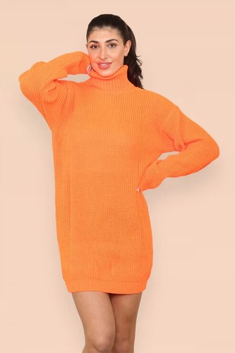 H.O.S Womens Polo Roll Neck Oversized Ribbed Knitted Florescent Jumper Dress - Picture 16 of 25