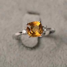 Antique 2Ct Cushion Natural Citrine Ring Wedding Engagement Ring Sterling Silver