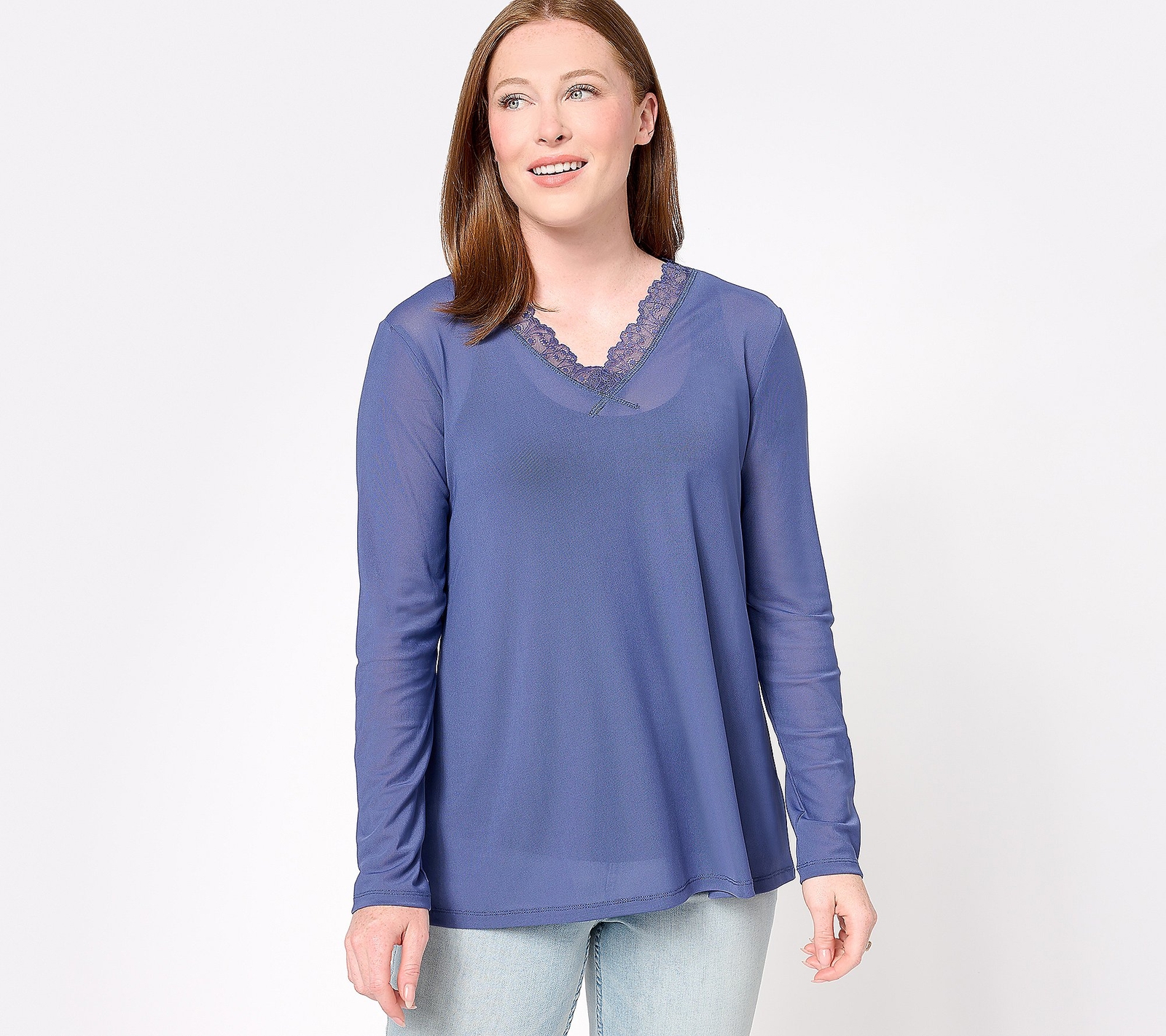 LOGO Layers Lori Goldstein Sheer Mesh VNeck Lace Trim Long Sleeve Deep Cobalt 1X