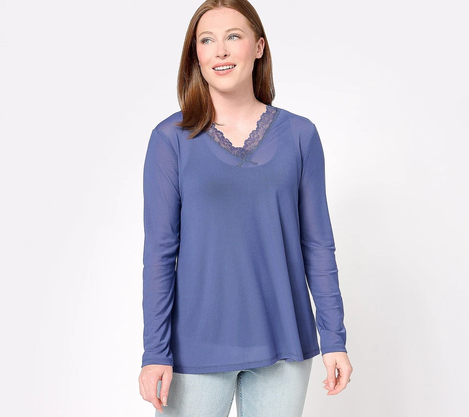 LOGO Layers Lori Goldstein Sheer Mesh VNeck Lace Trim Long Sleeve Deep Cobalt 1X