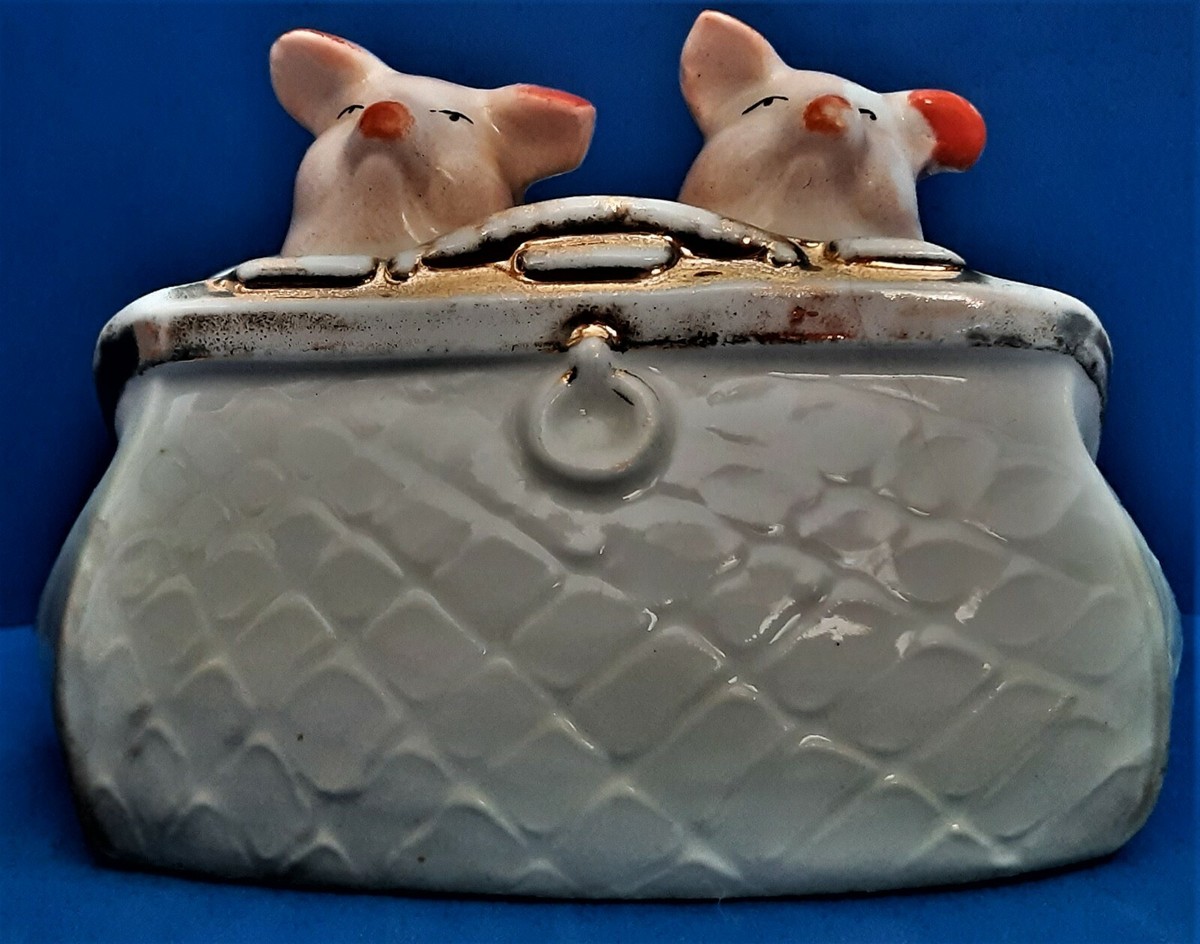 Antique 1800s German Fairing Pink Pigs Two Pigs in a Purse