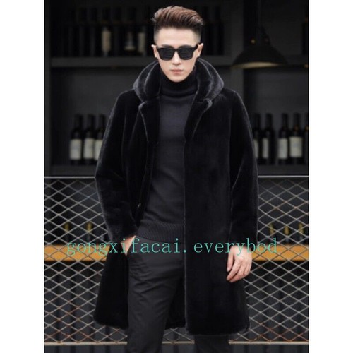 Mink Fur Coat Men's Mid Long Mink Velvet Hooded Whole Mink Fur Large Size Jacket - Picture 9 of 17