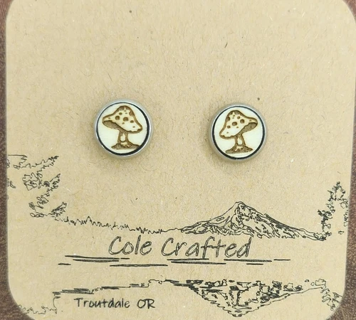 Mushroom Earrings Wood Handmade 8mm Bezel Set Fairy Woodland Boho Jewelry Gift