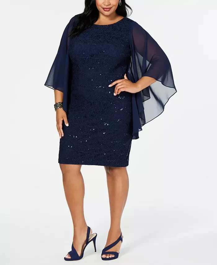 Alex Evenings Plus Size 22W Lace Cape Sleeve Sheath Blue Cocktail Event Dress - Image 2 of 4