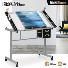 Adjustable Rolling Drafting Table Tempered Glass Tabletop Painting Work Station