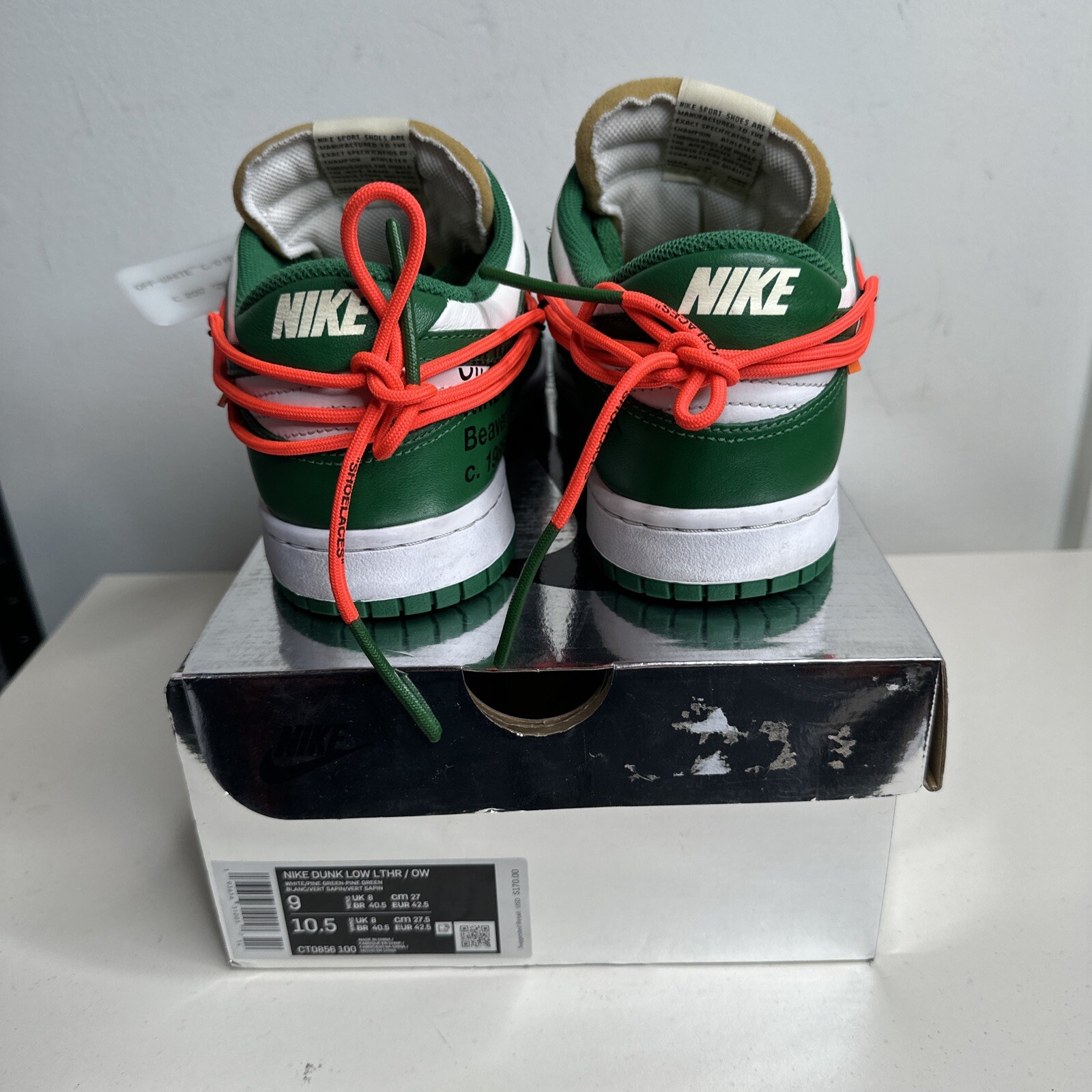 OFF WHITE X NIKE Taglia 9 Nike Dunk Low x OFF WHITE verde pino 2019 INDOSSATE DUE VOLTE con scatola originale