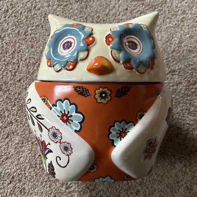 Floral Stitch Work Owl Cookie Jar CRACKER tall