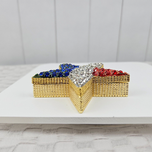 Bejeweled Star Trinket Box Red White Blue Enamel Glossy Sparkle Metal Gift - Picture 7 of 11