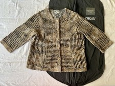 CHICO S Eyelet Leopard Print Jacket Blazer Beige Stripes Elbow Sleeves Sz L