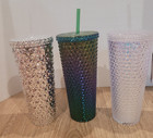 💥 Textured Water Bottle Tumbler Cup Lot Iridescent Green White Silver New Straw — photo 2