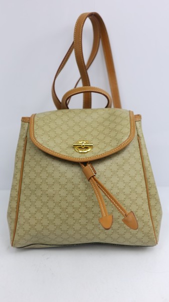 Rare Auth CELINE Vintage Beige Macadam Canvas Backpack - Monogram Rucksack Purse