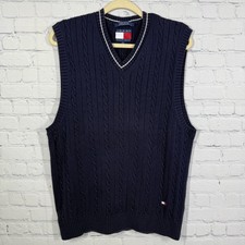 VTG Y2K Tommy Hilfiger Vest Men Large Sweater Cable Knit Blue V Neck Pullover