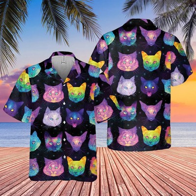 Neon Cat Hawaiian Shirt Summer Beach Aloha Men Women