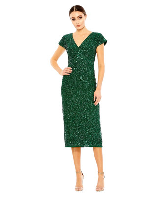 Mac Duggal Dark Green Sequined Short Sleeve Wrap Over Cocktail Dress Sz 10#218