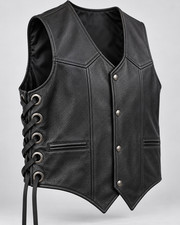 Men's Black Genuine Leather Side Lace Biker Vest Snap Front Motorcycle