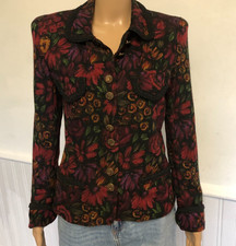 vtg womens Floral Tapestry Jacket Sz 4 Filigree Buttons Black Braided Trim USA
