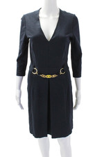 Milly Of New York Womens V-neck Lined Embellished Detail Shift Dress Navy Size 8