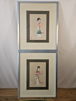 PAAR VINTAGE CHINESISCHE KERNPAPIER APPLIKATION HOF DAMEN 3D RELIEF HANDKOLORIERT