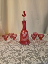 Bohemian Czech Etched Ruby Red Glass Decanter & Stopper with six cordial glasses