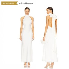 MISHA COLLECTION x Revolve Ivory Satin Backless  Evianna  Halter Wedding Dress 0