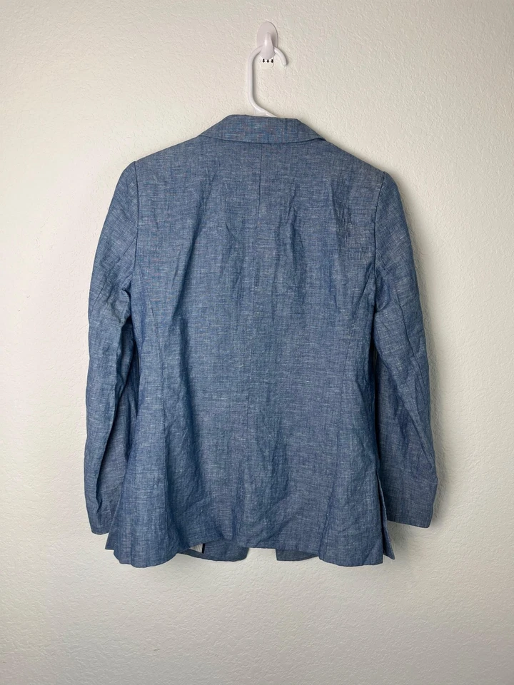 Blazer LOFT Mujer 4P Azul Lino Algodón Cambray Un Botón Muesca Solapa Pequeño Foto 4 de 4