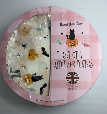 Harvest, Green Studio Halloween Bats, Cats, & Pumpkins Set Of 4 Appetizer Plates