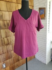 Womens Large Plum V Neck Short Sleeve Top Cuffed Sleeves Pocket Casual T-Shirt