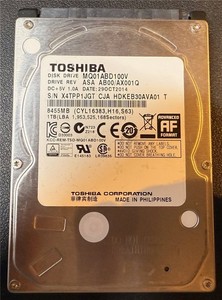 Toshiba, 1TB, MQ01ABD100V, ASA AB00/AX001Q, S/N: X4TPP1JGT, SATA HDD