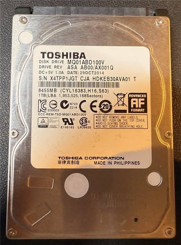Toshiba, 1TB, MQ01ABD100V, ASA AB00/AX001Q, S/N: X4TPP1JGT, SATA HDD
