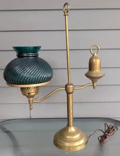 Vintage Reproduction Electric Brass Student Lamp Green Translucent Shade 1940