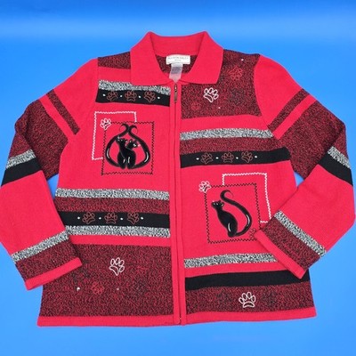 Allison Daley Petite PM/M Red Black Cat Paw Print Zip Cardigan Sweater Top
