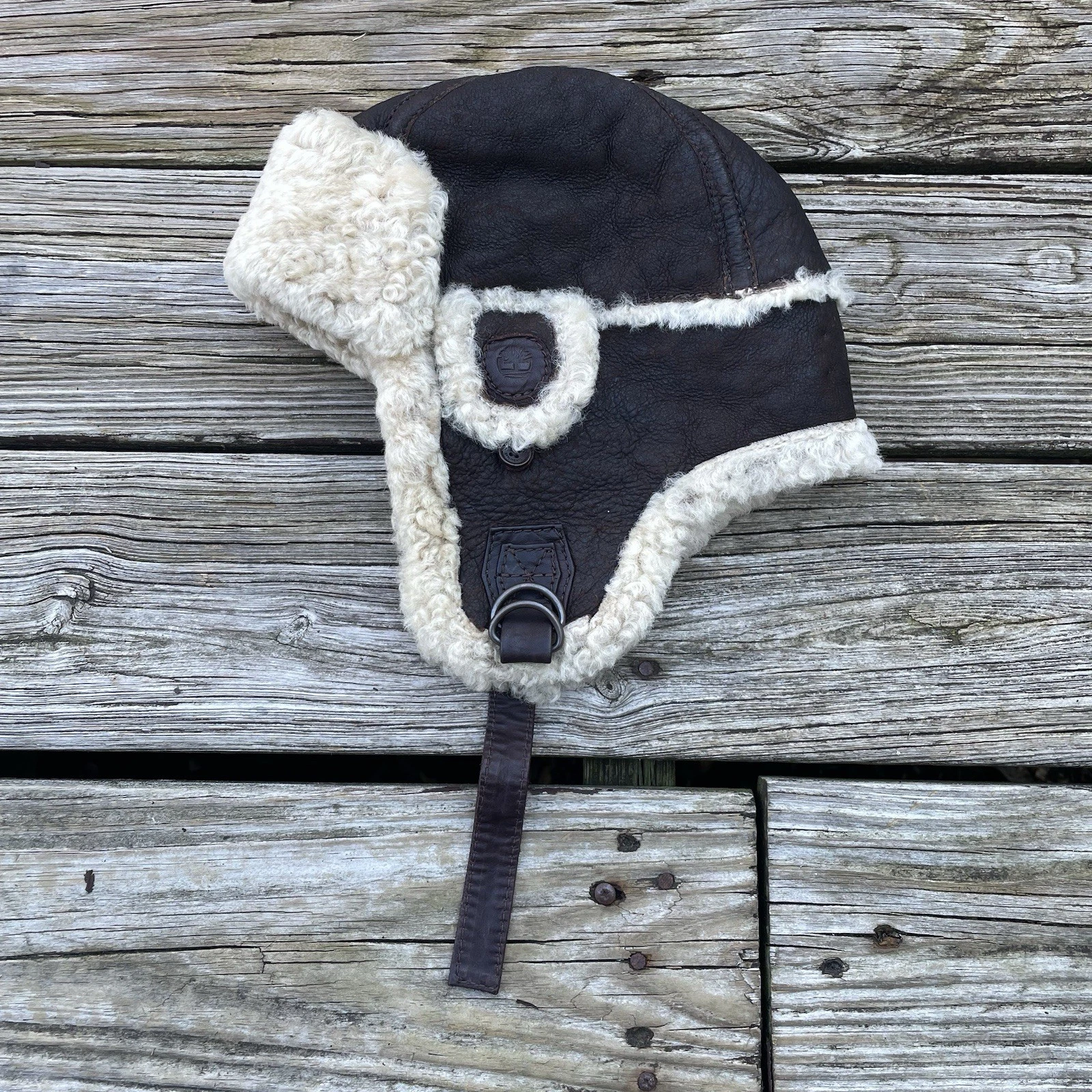 VTG Timberland Brown Shearling Trapper Hip Hop Aviator Leather Hat Size L/ XL