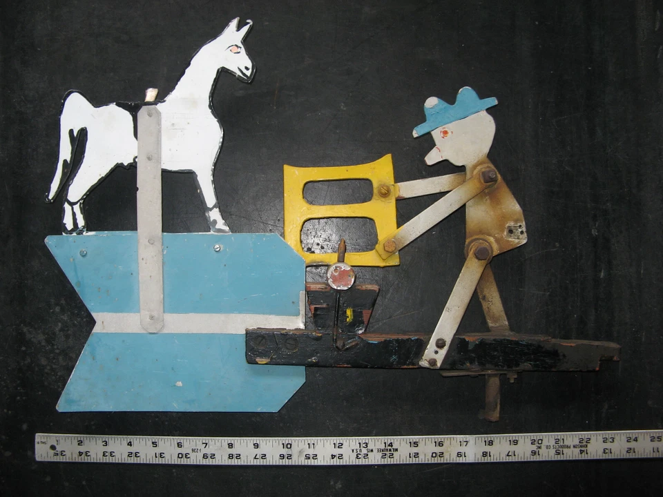 antique WHIRLIGIG LOGGER SAWING w HORSE Metal/Wood NO PROP Weathervane folk art - Image 2 of 4